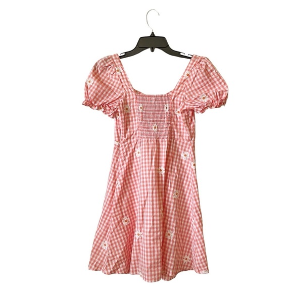 Altar'd State Short Dress Women's Size XS Pink White Daisy GIngham Puff Sleeves - Picture 3 of 6